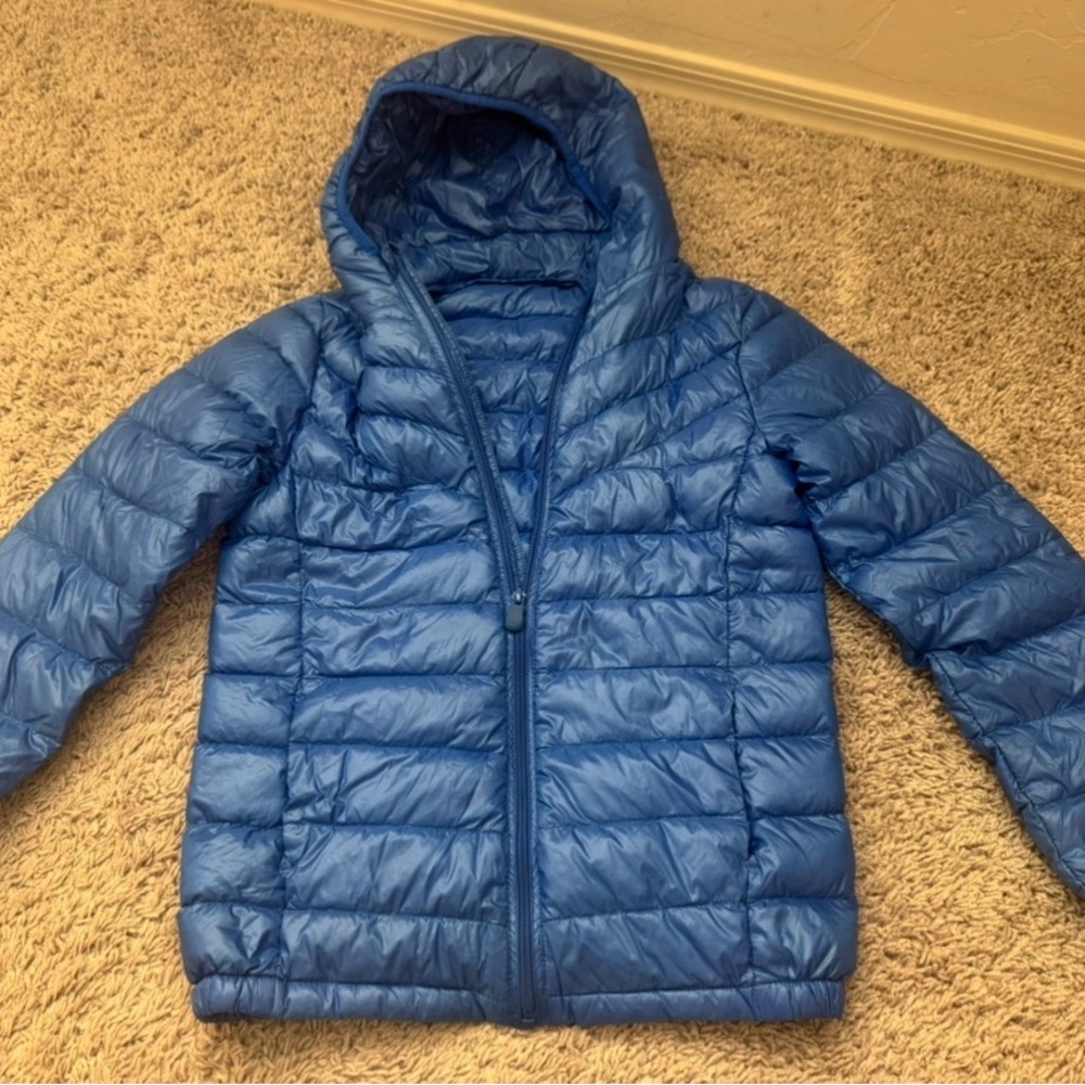 Kids Lightweight Packable Blue Hooded Puffer Jacket